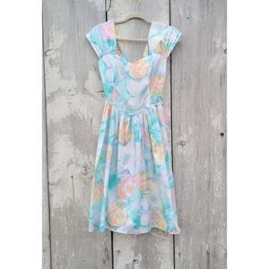 Vintage Babydoll Sweatheart Smocked BasqueWaist SherbetFloral Dress Women's 7/8
